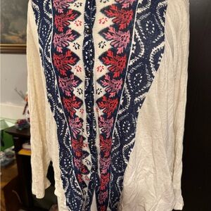 Lucky Brand Cream Blouse with Blue and Red Embroidery